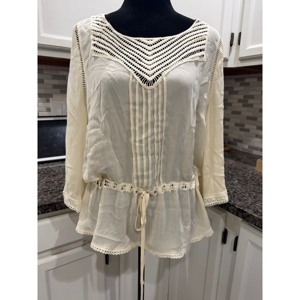 Daniel Rainn Cream Crochet Lace Pintuck Blouse Drawstring Waist Top Size L 11406